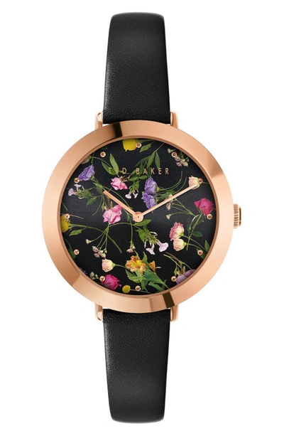 Shop Ted Baker Ammy Floral Leather Strap Watch, 34mm In Black