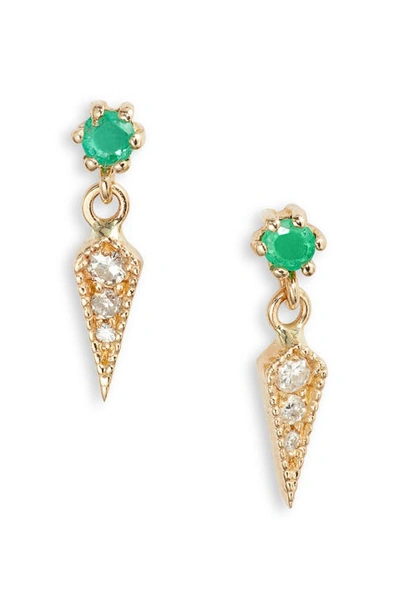 Shop Meira T Diamond & Emerald Drop Earrings In Yellow Gold