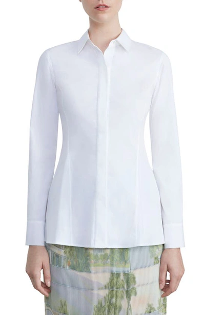 Shop Lafayette 148 Fit & Flare Cotton Blend Button-up Shirt In White