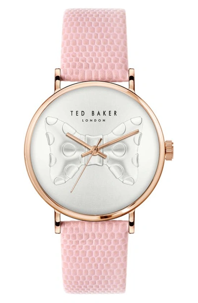 Shop Ted Baker Phylipa Bow Leather Strap Watch, 37mm In Rose Goldone