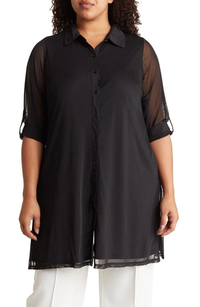 By Design Akira Mesh Button-up Tunic Top In Black
