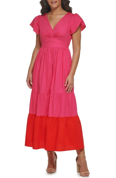 Shop Kensie Ruffle Sleeve Colorblock Cotton Maxi Dress In Pink Multi