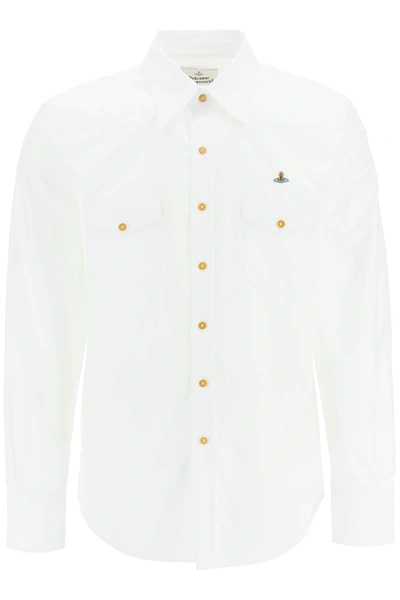 Shop Vivienne Westwood Poplin Shirt With Chest Pockets And Orb Embroidery