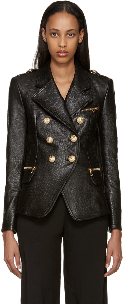 Balmain Black Croc-embossed Leather Jacket In Brown