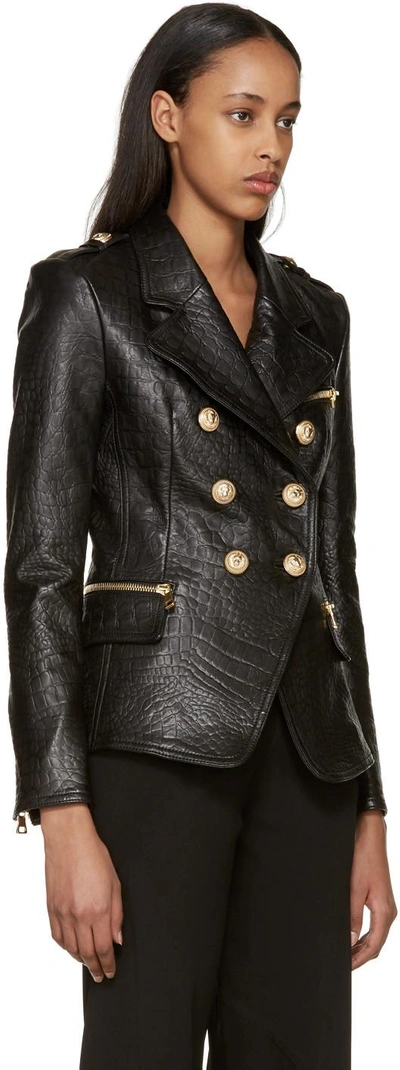 Shop Balmain Black Croc-embossed Leather Jacket