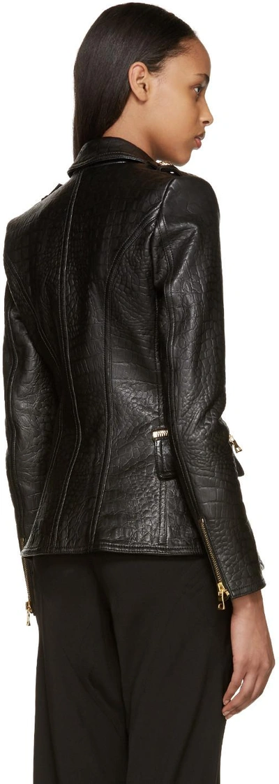 Shop Balmain Black Croc-embossed Leather Jacket