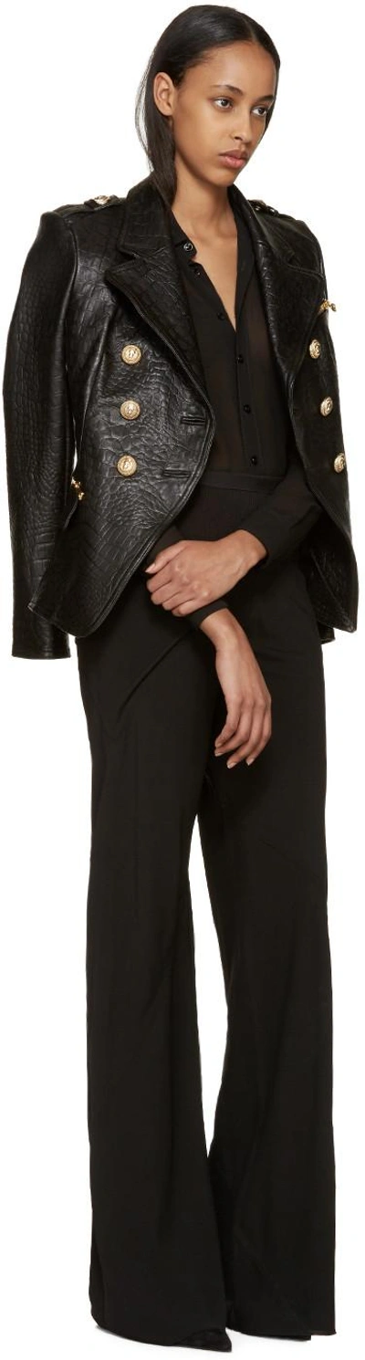 Shop Balmain Black Croc-embossed Leather Jacket