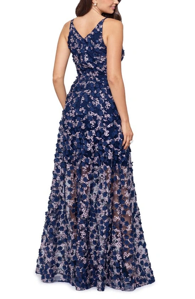 Shop Xscape Evenings  3d Floral Sleeveless Gown In Navy/blush