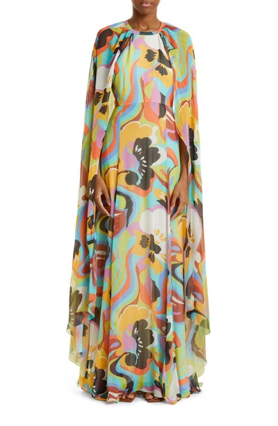 Shop Etro Floral Print Cape Sleeve Silk Maxi Dress In Multi