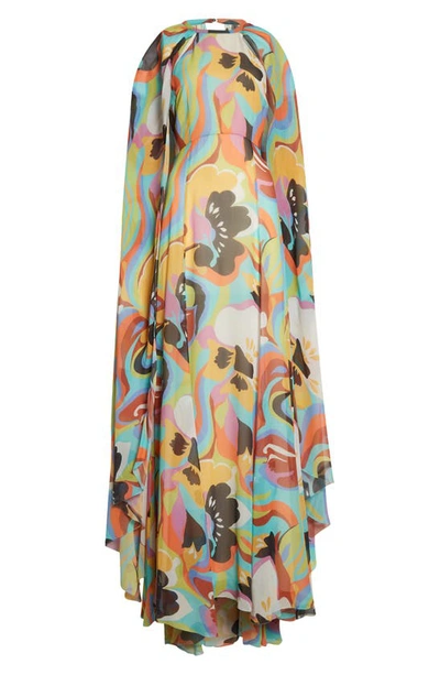 Shop Etro Floral Print Cape Sleeve Silk Maxi Dress In Multi