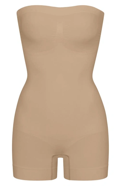 Shop Skims Seamless Sculpt Strapless Shortie Bodysuit In Clay