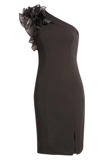 Shop Marina Ruffle One-shoulder Crepe Cocktail Dress In Black
