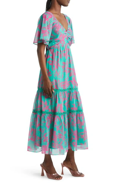 Adelyn Rae Katia Metallic Flutter Sleeve Tiered Sundress In Sea Green