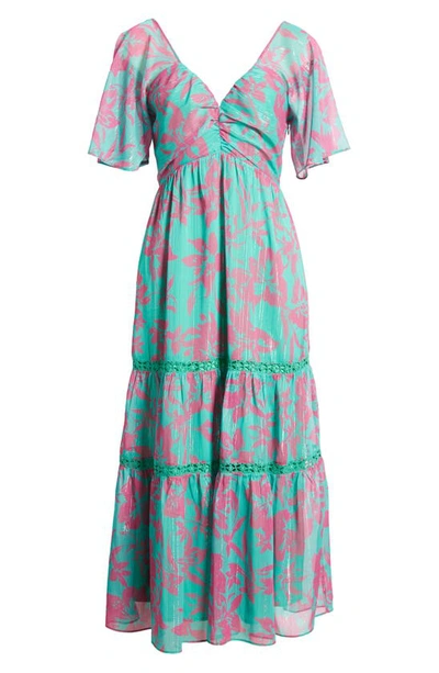 Adelyn Rae Katia Metallic Flutter Sleeve Tiered Sundress In Sea Green