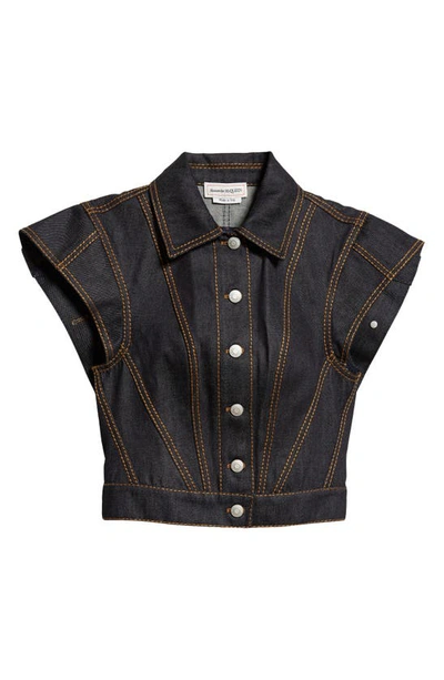 Shop Alexander Mcqueen Cap Sleeve Organic Cotton Denim Jacket In 4158 Dark Rinsed