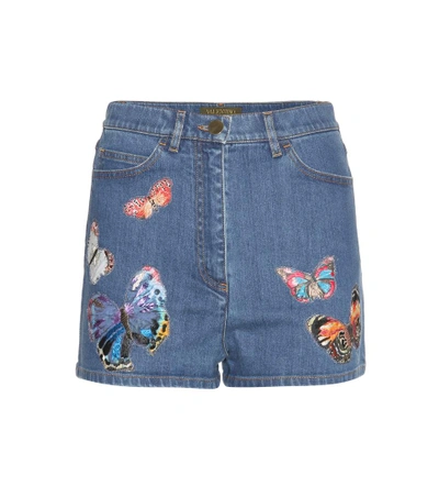 Shop Valentino Denim Shorts With Appliqué In Blue