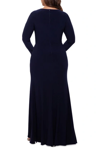 Betsy & Adam V-neck Cascading Ruffle Gown In Navy