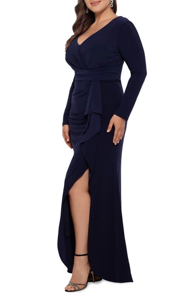 Shop Betsy & Adam Ruffle Side Slit Long Sleeve Gown In Navy