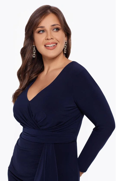 Betsy & Adam V-neck Cascading Ruffle Gown In Navy