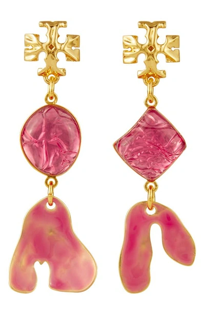 Shop Tory Burch Roxanne Double Drop Earrings In Gold / Pink
