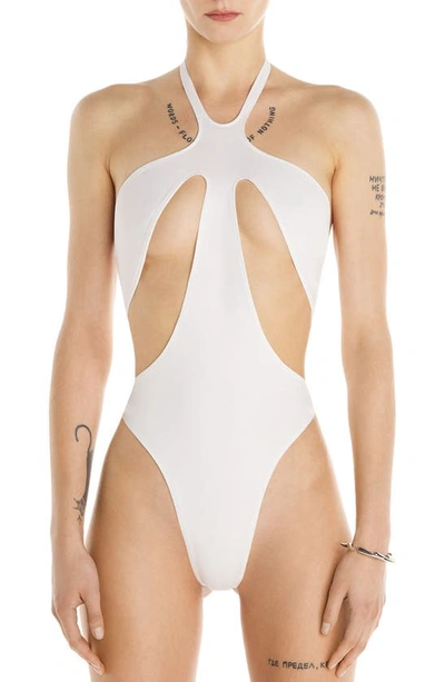 Shop Mugler Halter Cutout Thong One-piece Swimsuit In Snow