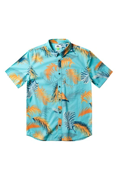 Shop Quiksilver Tropical Glitch Short Sleeve Organic Cotton Button-up Shirt In Angel Blue