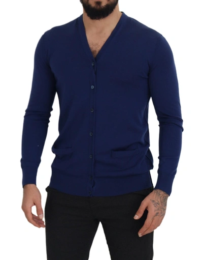 Shop Dolce & Gabbana Blue Wool V-neck Button Down Cardigan Men's Sweater