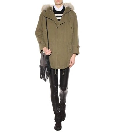 Shop Saint Laurent Cotton And Linen Parka With Fur-trimmed Hood In Green