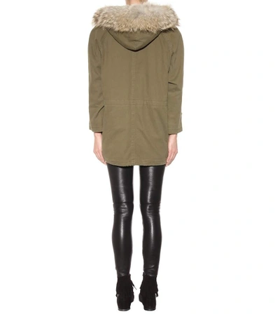 Shop Saint Laurent Cotton And Linen Parka With Fur-trimmed Hood In Green