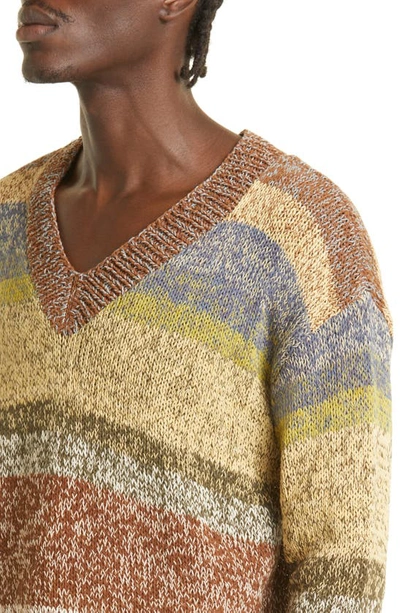 Shop Story Mfg. Keeping Stripe Marled Organic Cotton V-neck Sweater In Treefall Hand Knit