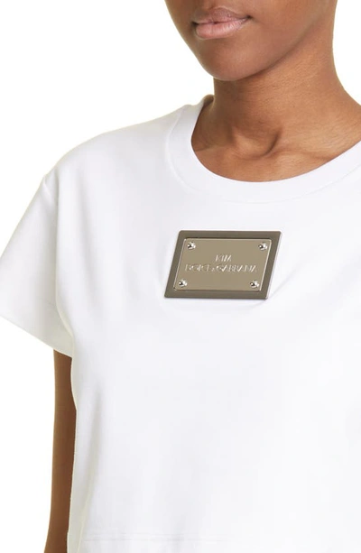 Shop Dolce & Gabbana Kim Logo Plaque Short Sleeve Crop T-shirt In White