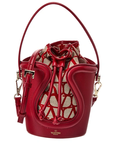 Shop Valentino La Cinquieme Toile Iconographe Canvas & Leather Bucket Bag In Red
