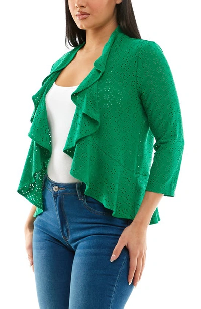 Shop Nina Leonard Eyelet Ruffle Cardigan In Bright Green
