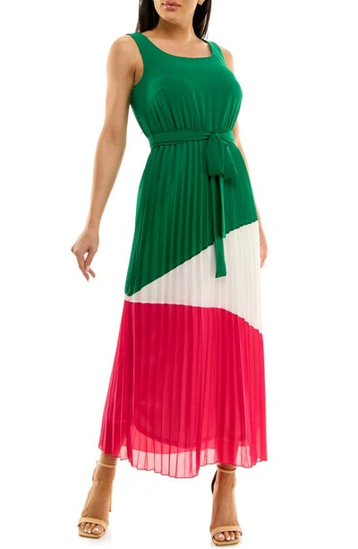 Shop Nina Leonard Colorblock Pleated Chiffon Maxi Dress In Green/ Ivory/ Pink