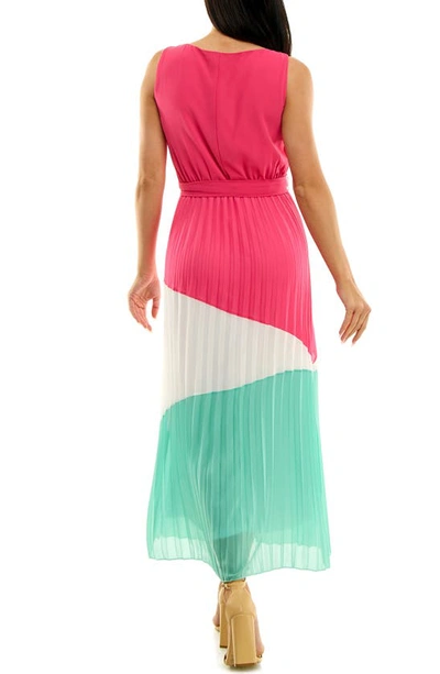Shop Nina Leonard Colorblock Pleated Chiffon Maxi Dress In Pink Multi