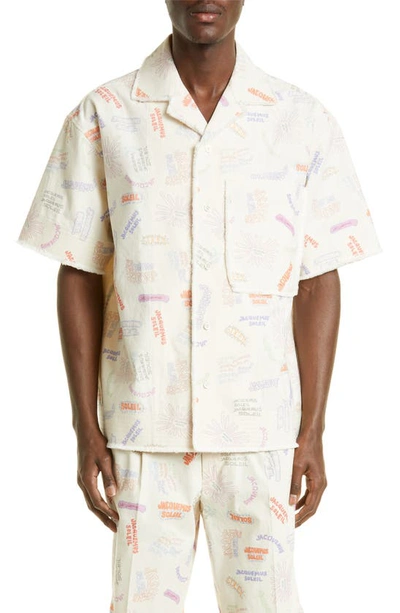 Shop Jacquemus La Chemise Artichaut Logo Print Raw Cotton Canvas Camp Shirt In Print Multi Tags