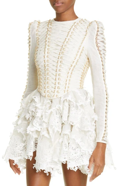 Shop Zimmermann Coaster Corset Long Sleeve Linen & Silk Dress In Ivory
