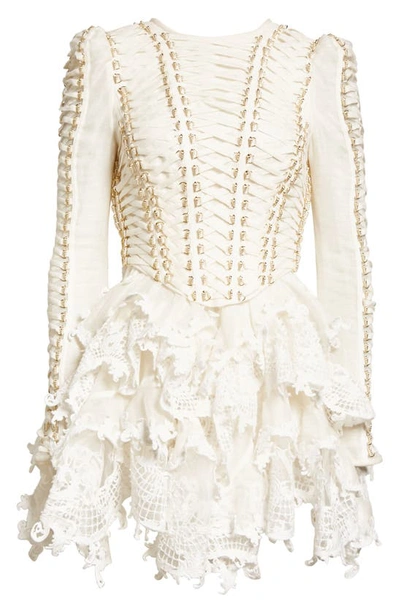Shop Zimmermann Coaster Corset Long Sleeve Linen & Silk Dress In Ivory