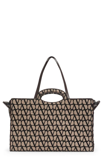 Shop Valentino Large La Troisième Vlogo Toile Print Canvas Tote In 6zn Naturale Nero Fondant