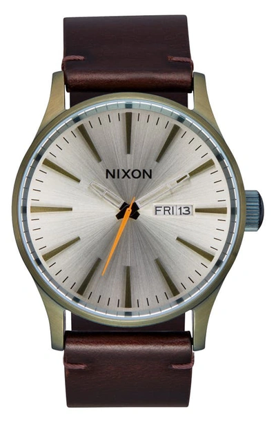 Shop Nixon The Sentry Leather Strap Watch, 42mm In Vintage White / Surplus