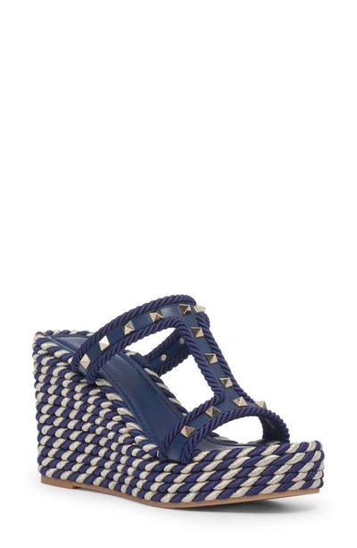 Shop Valentino Rockstud Wedge Espadrille Sandal In Blue/ White