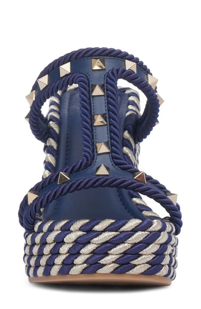 Shop Valentino Rockstud Wedge Espadrille Sandal In Blue/ White