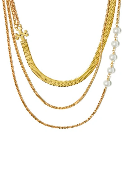 Shop Tory Burch Kira Imitation Pearl Layered Necklace In Tory Gold / Tory Gold