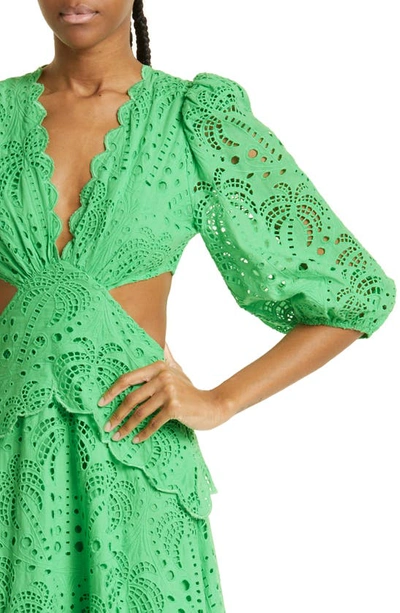 Shop Farm Rio Richilieur Side Cutout Cotton Eyelet Midi Dress In Bright Green