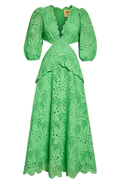 Shop Farm Rio Richilieur Side Cutout Cotton Eyelet Midi Dress In Bright Green