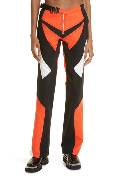 Shop Dion Lee Colorblock Paneled Belted Moto Pants In Fluoro Red White