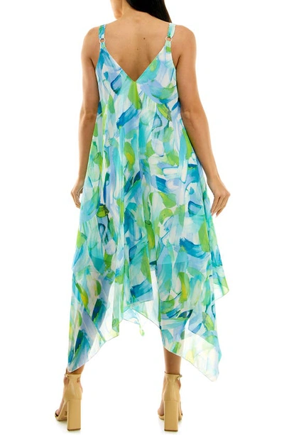 Nina Leonard Patterned Handkerchief Hem Dress In Robins Egg Multi