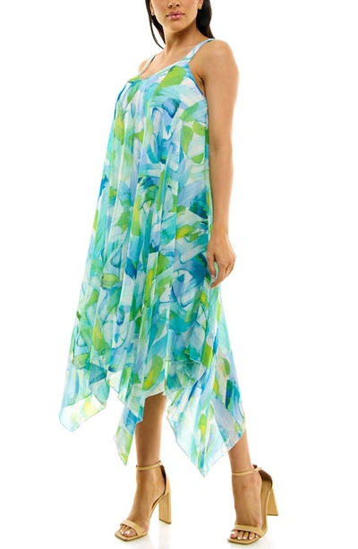 Nina Leonard Patterned Handkerchief Hem Dress In Robins Egg Multi
