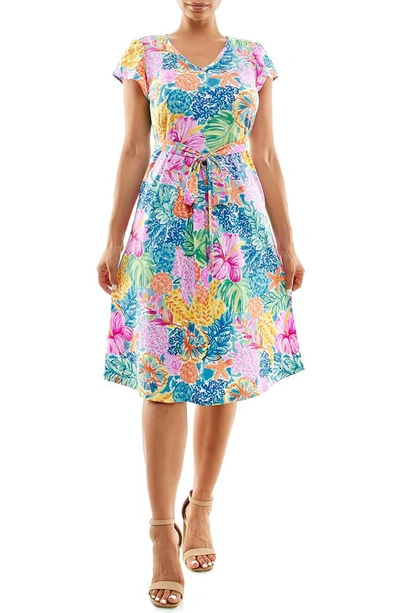 Shop Nina Leonard Patterned Cap Sleeve Fit & Flare Dress In Rift Multi