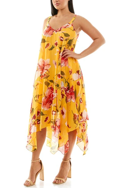 Shop Nina Leonard Patterned Handkerchief Hem Dress In Yellow Multi